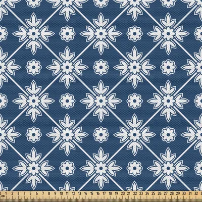 Image de ABAKUHAUS Tissu bleu vendu au mètre, motif à carreaux avec fleurs printanières abstraites, motif folklorique hollandais, 3 m (148 x 300 cm), bleu et blanc