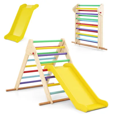 A collage of children's indoor climbing toys, including a slide and a climbing triangle with a slide attachment.