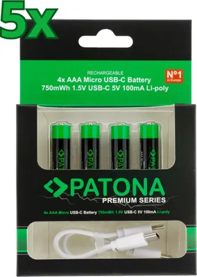 Obrázok produktu pre 20x nabíjacie batérie PATONA Premium USB-C AAA Lithium 1,5 V 750 MWh (5x blister po 4 ks)