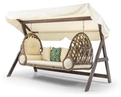 Image de Balancelle de jardin Fauteuil suspendu en bois de pin et polyester crème largeur 263 cm 3 places
