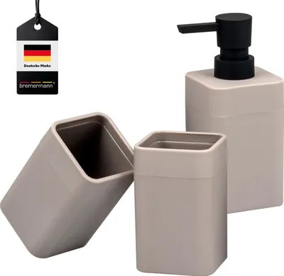Zdjęcie produktu dla Zestaw akcesoriów łazienkowych bremermann SAVONA, 3 elementy, z powierzchnią Soft-Touch, 1x dozownik mydła, 2x kubek, tworzywo sztuczne w kolorze taupe