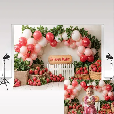 Obrázek produktu pro Fotografické pozadí 2,2 x 1,5 m - Pozadí z mikrovlákna - Barva: růžová, motiv jahody - Ideální pro oslavy narozenin - Vhodné jako pozadí pro oslavy pro děti - Odolné proti nárazům - Fotografické pozadí