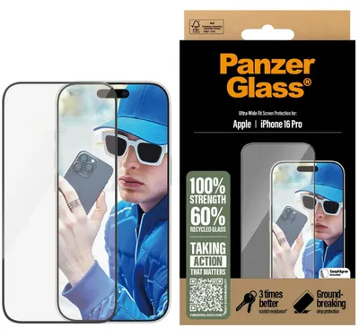 Produktbild von PanzerGlass ® Displayschutz iPhone 16 Pro | Ultra-Wide Fit, Apple, Apple - iPhone 16 Pro, Trockene Anwendung, Kratzresistent, Schockresistent, Transparent, 1 Stück(e)