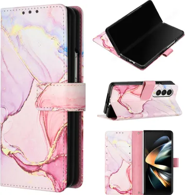 Produktbild von Galaxy Z Fold4 Hülle, Marmor Motiv Kunstleder Tasche Wallet Kartenfächer mit Standfunktion Klapp Schutzhülle für Samsung Galaxy Z Fold4 Pink Weiß