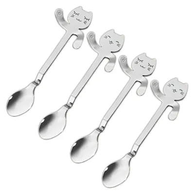 Produktbild von 4er Set Kaffeelöffel mit Katzenköpfchen und -pfötchen als Randhalter Kaffee Löffel Kätzchen Design Teelöffel Katze Edelstahl Poliert