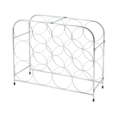A silver metal wine rack with a geometric pattern of circles.