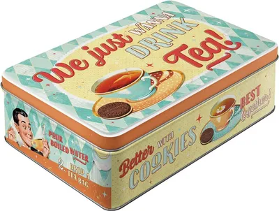 A vintage-style tin box with illustrations of tea cups, cookies, and a man holding a tea cup.