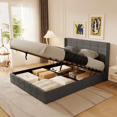 Image de BEALIFE Lit rembourré 160x200 cm avec sommier à lattes & lit hydraulique | Lit double avec espace de rangement en lin | Gris/Beige | 16BF84