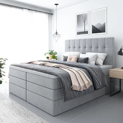 Produktbild von Bett, Boxspringbett MERA PLUS mit 2-Matrazen und VISCO Topper, Doppelbett, Stauraum, Schlafzimmer, Polsterbett, 200x200 cm (Hellgrau - Aura 15)