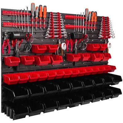 Image de Panneau d'outils mural 115x78 cm avec 44 pcs. Boîtes de suspension avec jeu de supports en plastique