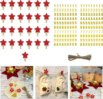 Produktbild von Oblique Unique 25 Stern Klammern und Zahlen Sticker Aufkleber für Weihnachten Adventskalender Deko DIY Kalender Basteln - rot