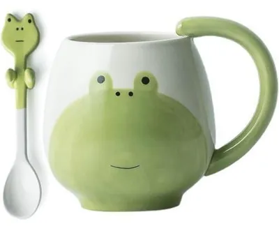Produktbild von Keramiktasse 400ml mit Löffel, Frosch Motiv, Spülmaschinenfest, Mikrowellengeeignet