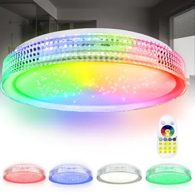 A modern, circular LED ceiling light with a star effect, displaying a rainbow of colors, shown with a remote control and smaller examples of the light in different colors.