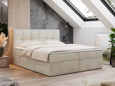 Produktbild von MKSMeble Boxspringbett 180x200 cm, Beige, Velvet, H3, mit Multipocket-Matratze, Topper, Kopfteil und Bettkasten