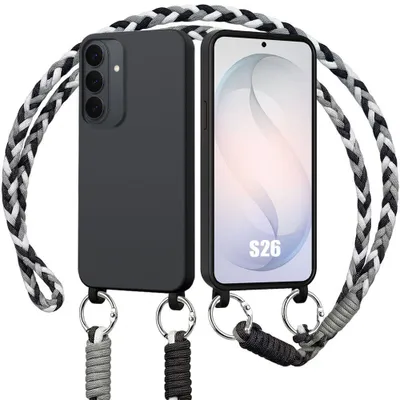 Image de Coque pour Samsung Galaxy S26, Protection Antichoc Silicone Noire avec Cordon Noir Blanc
