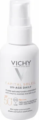 A white bottle of Vichy Capital Soleil UV-Age Daily SPF 50+ sunscreen.