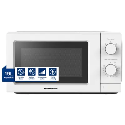 Produktbild von Heinner HMW-MD20IVWH, Arbeitsplatte, Solo-Mikrowelle, 19 l, 700 W, Drehregler, Weiß