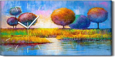 Produktbild von Wohnzimmer-Bild Leinwand Uhr 60x30 Original Gemälde eines Sommer flusses - weiße Hände