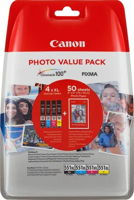 Produktbild von Canon CLI-551 XL C/M/Y/BK schwarz, cyan, magenta, gelb Druckerpatronen + Fotopapier