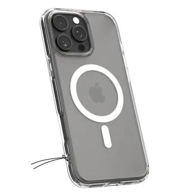 A transparent iPhone case with MagSafe compatibility is shown against a white background.