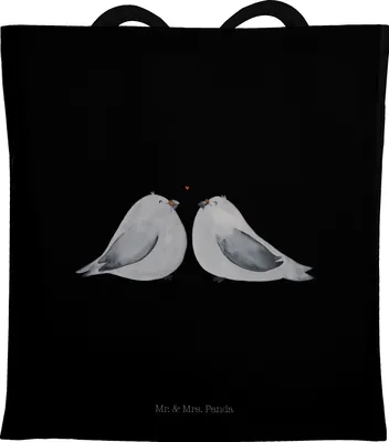 Produktbild von Mr. & Mrs. Panda Tote Bag Turteltauben Liebe - Schwarz - Geschenk, Tauben, Laptoptasche, Jutebeutel, Hochzeitstag, glücklich, Schultasche, Tasche, Unitasche, Freund