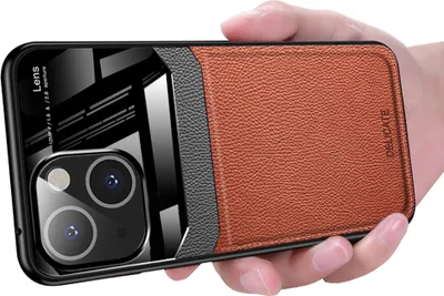 Produktbild von iPhone 13 Hülle, TPU Stossfest Anti-rutsch Leder Glas Len Hybrid Schutzhülle für iPhone 13 Braun