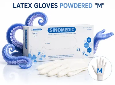 Produktbild von Einweghandschuhe Sinomedic Latex weiß Größe M 100 Stück für Hygiene für Arbeit