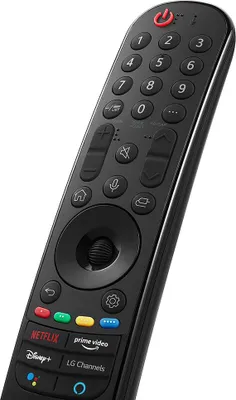 A close-up, angled shot of a black LG TV remote control against a white background.