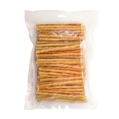 A clear, well-lit product shot of a bag of dog chews.
