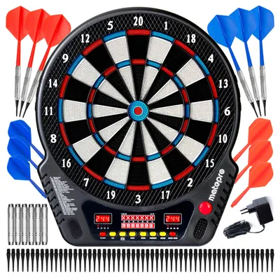 Zdjęcie produktu dla Tarcza dart elektroniczna tablica MatePro Cricket, zasilacz lub baterie, 6 rzutek, 1-8 graczy, 33 gry, 2 wyświetlacze wyników, 2 wyświetlacze Krykiet