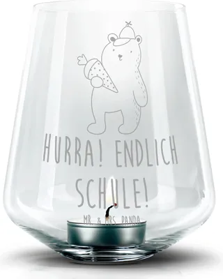 Produktbild von Mr. & Mrs. Panda Glas Windlicht Bär Schultüte - Transparent - Geschenk, Schulbeginn, Teddy, gravur, Einschulung, Graviertes, Deko, Kerzenhalter, Laterne, Schulanfang