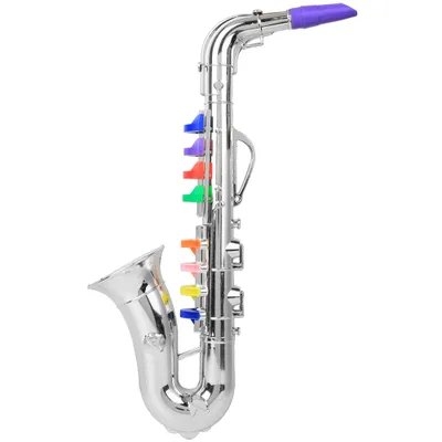 A toy saxophone on a white background.