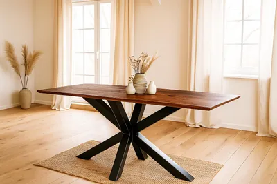 Produktbild von Esstisch 120x80cm Akazie massiv nussbaum Schweizer Kante Spider-Gestell schwarz ABBY
