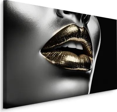 Produktbild von Muralo CANVAS Leinwand Bilder Abstrakte Goldene LIPPEN Silber Gesicht Wanddekoration für Büro Br. 40 cm x Hö. 30 cm