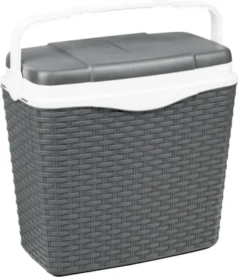 A gray cooler box with a white handle and lid, shown from the front on a white background.