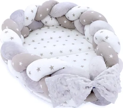 Produktbild von Babynest Neugeborene Nestchen Baby 75 x 45 cm – Plüschstoff Kuschelnest mit Zopf Kissen zerlegbares Set zweiseitig Babynestchen Babybett Sterne