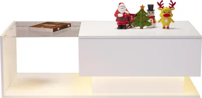 Immagine prodotto di okwish Tavolino rettangolare, LED lucido, tavolino per camera da letto, tavolino con contenitore, piano in vetro e cassetti, bianco