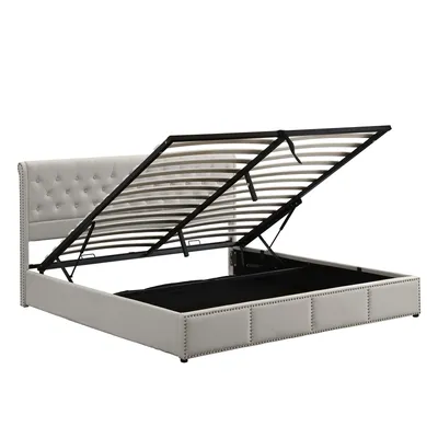 Produktbild von Flieks Polsterbett 140x190cm mit Lattenrost, Hydraulisches Boxspringbett mit Stauraum und Kopfteil, Stauraumbett Funktionsbett Doppelbett Leinen Beige