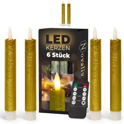 Produktbild von Stabkerzen LED mit Timer GOLD 6 Stück Indoor 6 Stunden ECHTWACHS 18cm Höhe für Kerzen 2,2cm Durchmesser 2 AAA Batterien notwendig LED Stabkerzen 4er Set GOLD (zwei Mal) bewegliche Flamme Licht