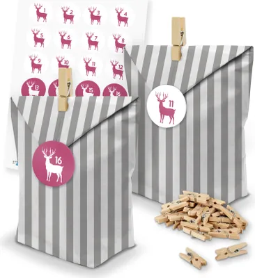 Produktbild von itenga SET Adventskalender 24 x Tüten Streifen + Klammern + Zahlensticker (Z47)
