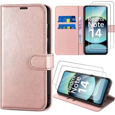 Image de Coque et 2 Verres Trempés pour Xiaomi Redmi Note 14 4G, Flip Case Antichoc Cuir Synthétique Rose