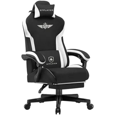A black and white gaming chair on a white background.