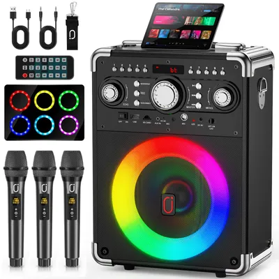 Productafbeelding van Karaokemachine Draadloos - 3 Microfoons - Bluetooth Speaker - 5,25 Inch Woofer