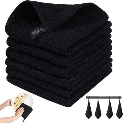 Produktbild von Unyqoos® Geschirrtuch aus 100% Baumwolle – Waffelstruktur, 34×34 cm, Schwarz, weich & hochsaugfähig, waschbar bis 60°C, trocknergeeignet