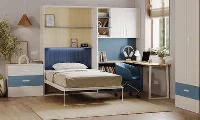 Produktbild von Schrankbett LUMINI FLEXY BED ,Multifunktionales, einklappbares Komfortbett – Arbeitsbereich, MIT Taschenmatratze (Cashmire + Blau Matt)