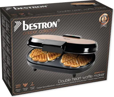 Zdjęcie produktu dla Podwójna gofrownica Bestron do klasycznych gofrów w kształcie serca, gofrownica z lampką do pieczenia i nieprzywierającą powłoką, 1200 W, kolor: miedziany