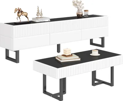 Imagen del producto de Fortuna Lai: Combinación moderna y minimalista de mesa de centro y mueble para televisión. Juego de muebles de almacenamiento con diseño a rayas en blanco y . Muebles de lujo para el salón