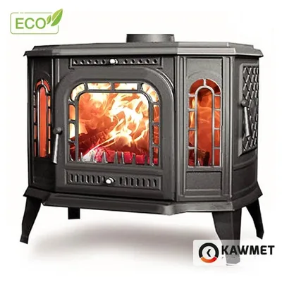 A black cast iron wood-burning stove with a fire burning inside, set against a white background.