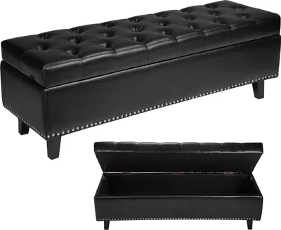 Image de Banc avec rangement - Banc coffre, banc à chaussures - Simili cuir, capitonné, pieds en bois, capacité de charge 300 kg, dimensions 41,5 x 130,5 x 44 cm - Noir