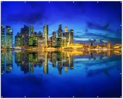 Produktbild von Wallario XXL Outdoor-Poster für Garten oder Balkon, Motiv Skyline von Singapur in der Abenddämmerung, in ca. 250 x 200 cm
